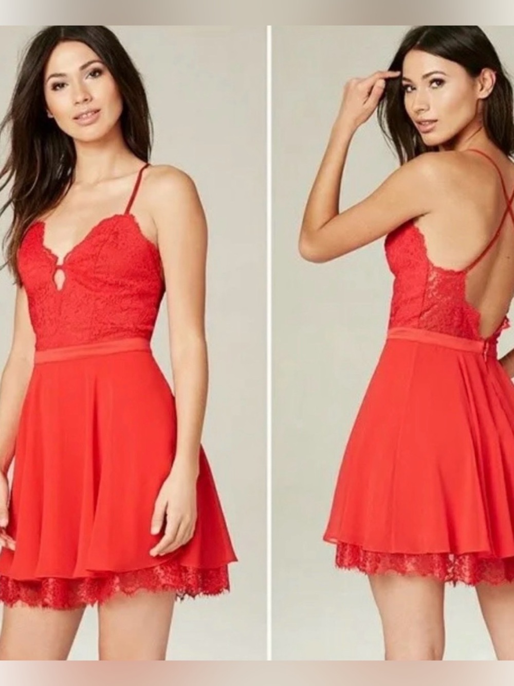 🎄Holiday Dress!! Bebe NWT Red Lace Mini Dress with Spaghetti Straps